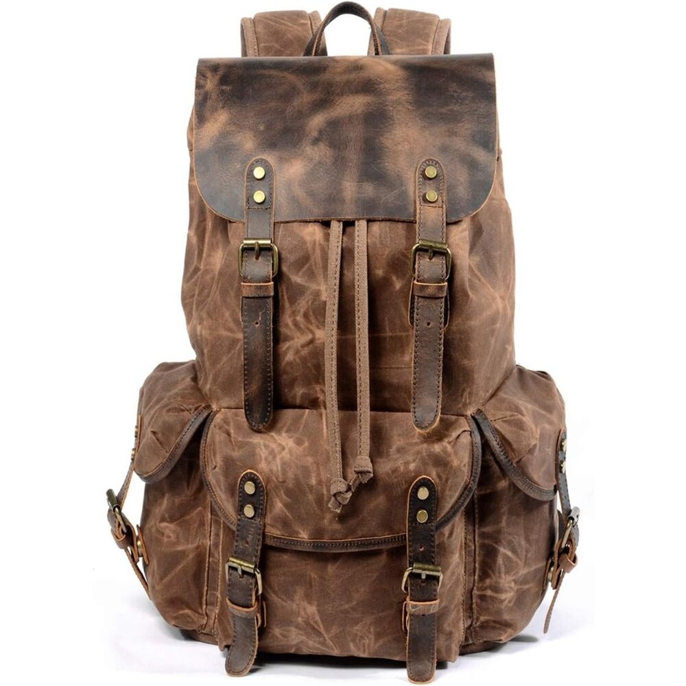 ✨ Men Brown Leather Backpack Waxed Canvas Shoulder Rucksack Travel Backpack